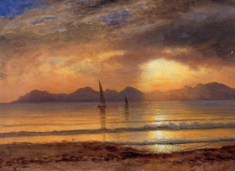 Albert Bierstadt Sunset over a Mountain Lake